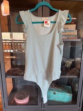 ANDTHEWHY Light Blue Ribbed Ruffle-Shoulder Tank Bodysuit